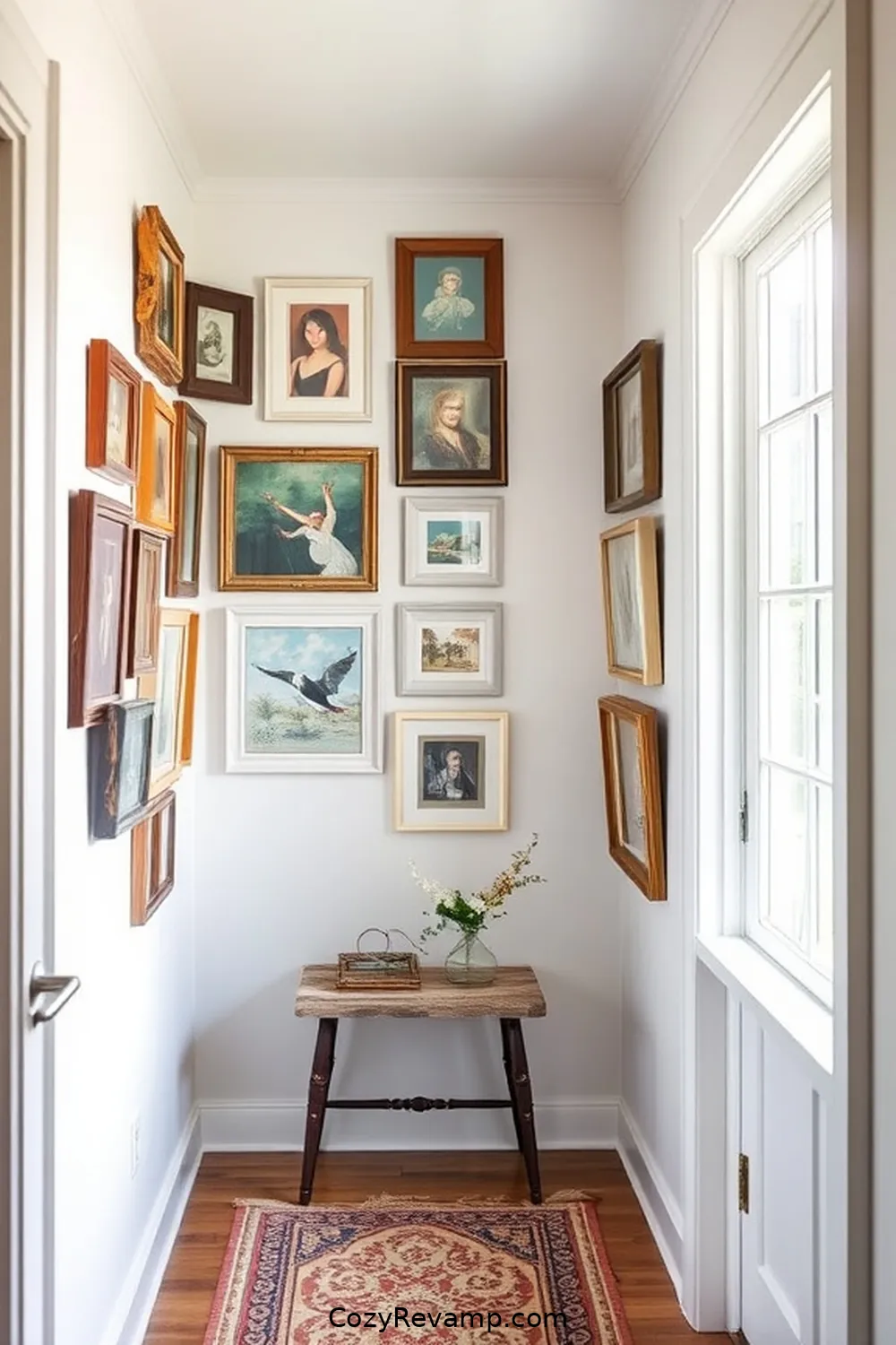 Gallery Wall With Thrifted Frames and Art for 17 Stunning Modern Farmhouse Hallway Ideas With Reclaimed Materials