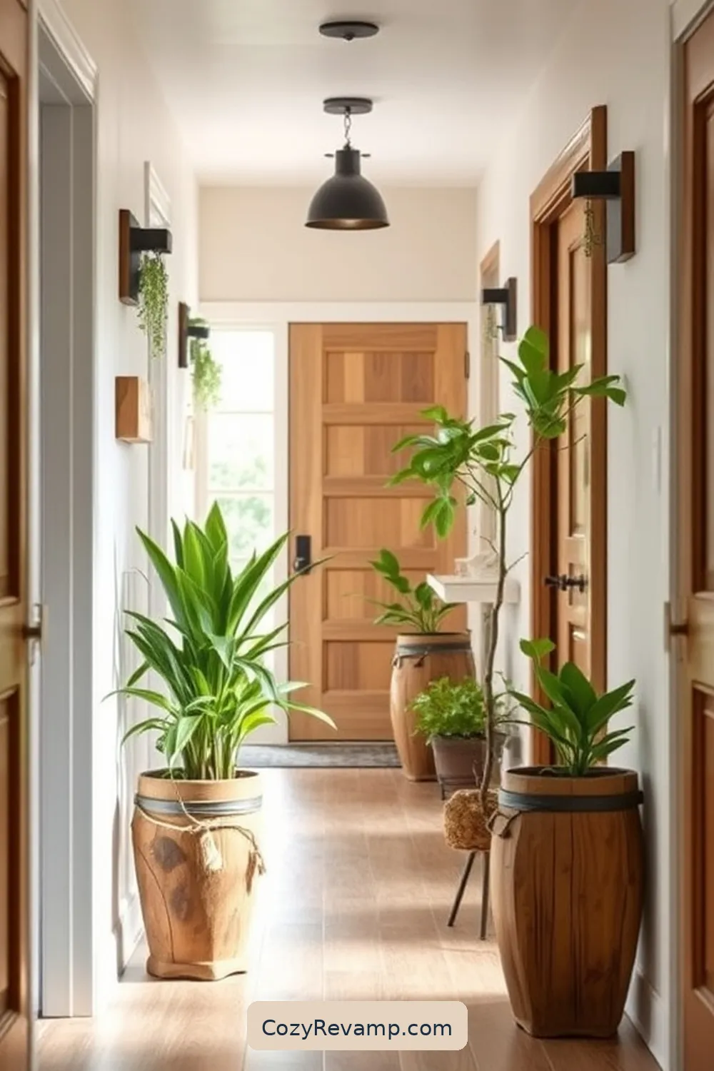 Natural Greenery and Plants in Reclaimed Pots for 17 Stunning Modern Farmhouse Hallway Ideas With Reclaimed Materials