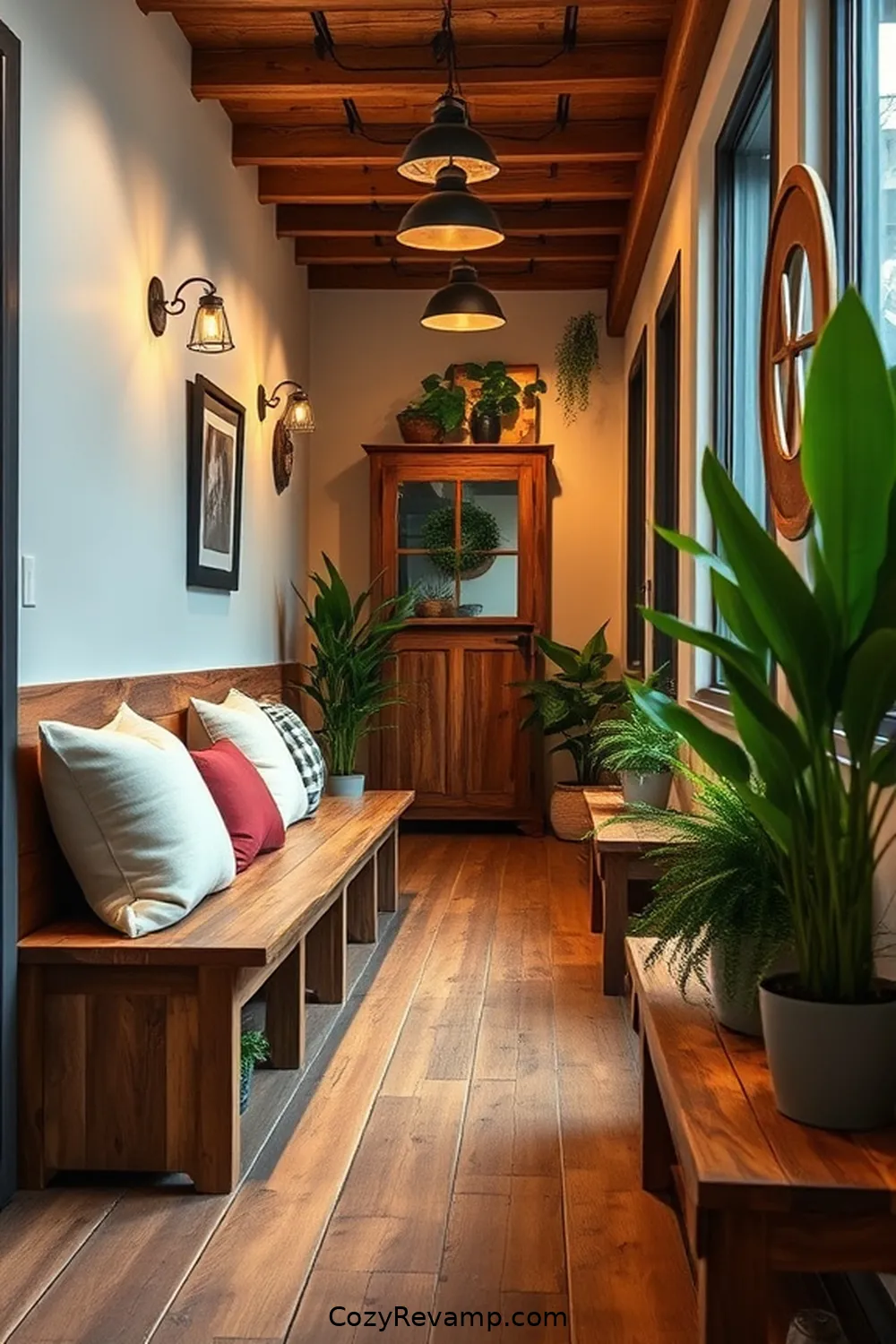 Reclaimed Wood Benches for a Cozy Seating Area for 17 Stunning Modern Farmhouse Hallway Ideas With Reclaimed Materials