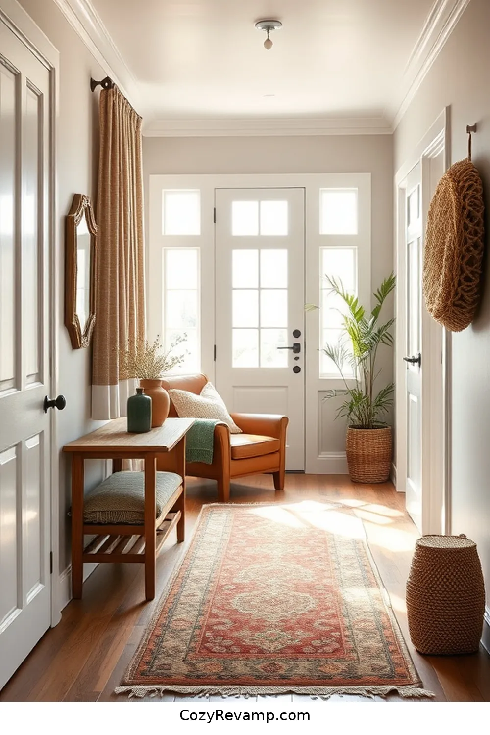 Textured Fabrics and Rugs for Warmth for 17 Stunning Modern Farmhouse Hallway Ideas With Reclaimed Materials