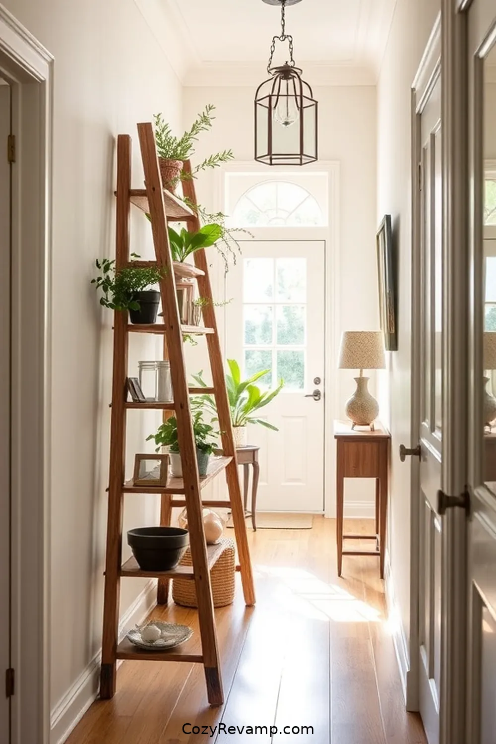 Upcycled Ladder as a Unique Display Rack for 17 Stunning Modern Farmhouse Hallway Ideas With Reclaimed Materials