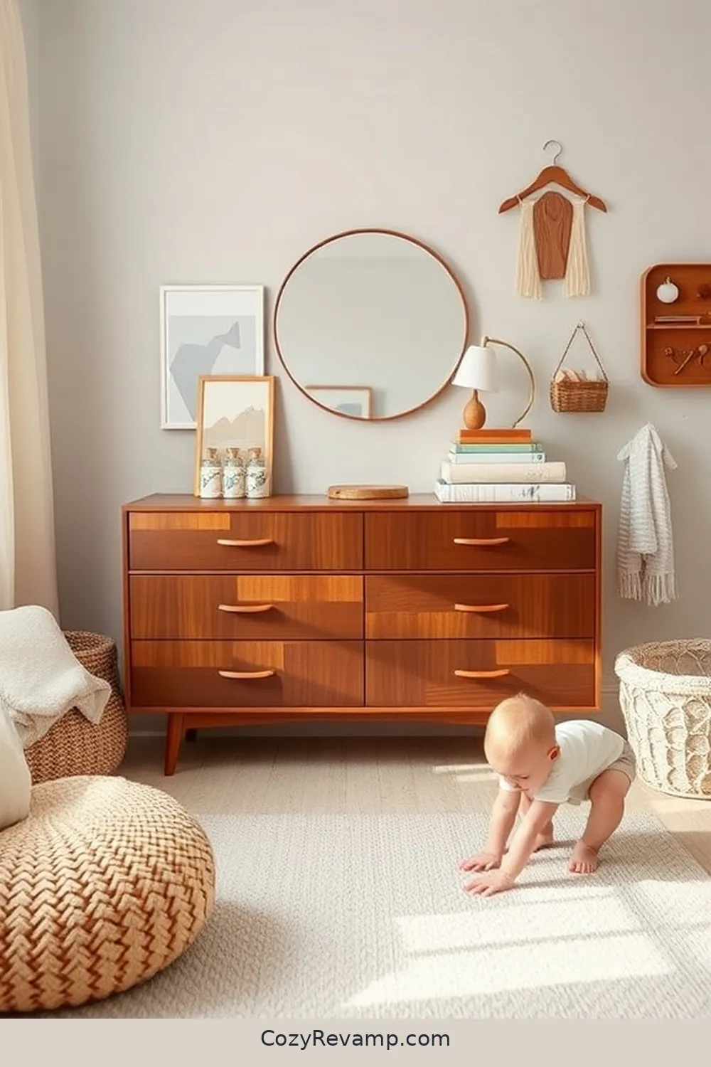 Add a Mid-Century Modern Dresser for 17 Tips for a Mid-Century Modern Nursery Using Recycled Wood Materials