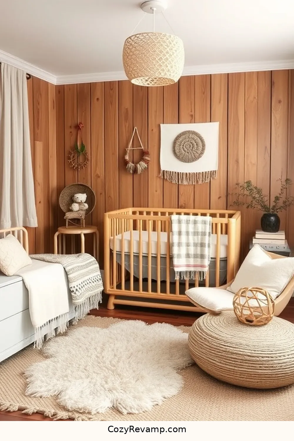 Incorporate Textiles That Complement Wood for 17 Tips for a Mid-Century Modern Nursery Using Recycled Wood Materials