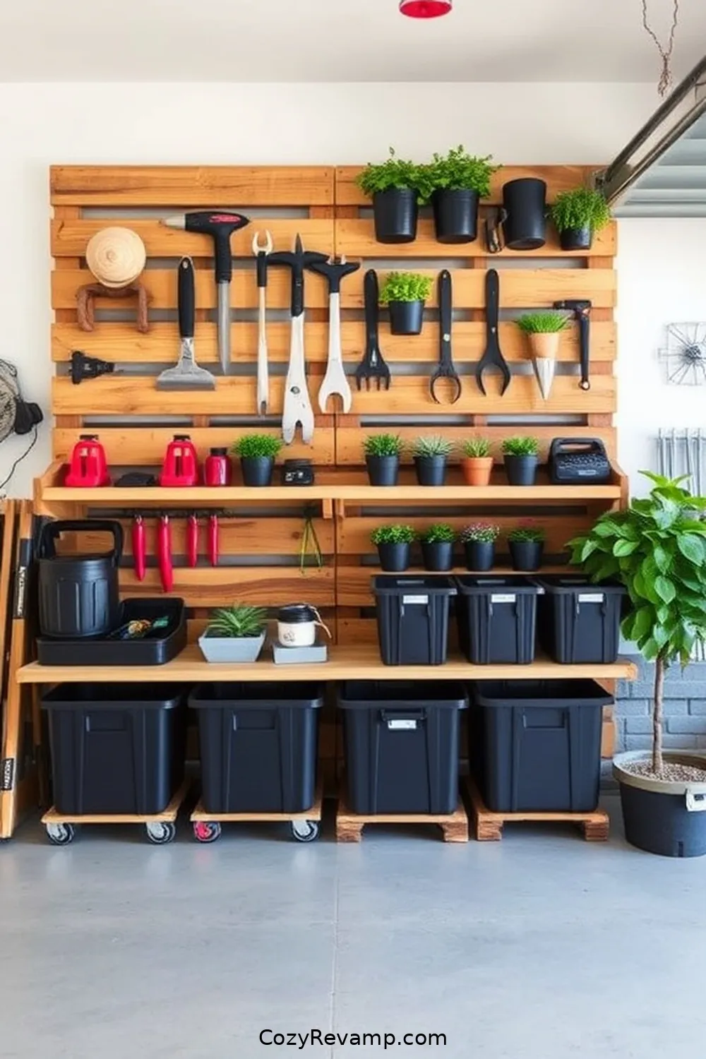 Create a Pallet Wall Organizer for 17 Ways to Create a Minimalist Garage With Recycled Wood Materials