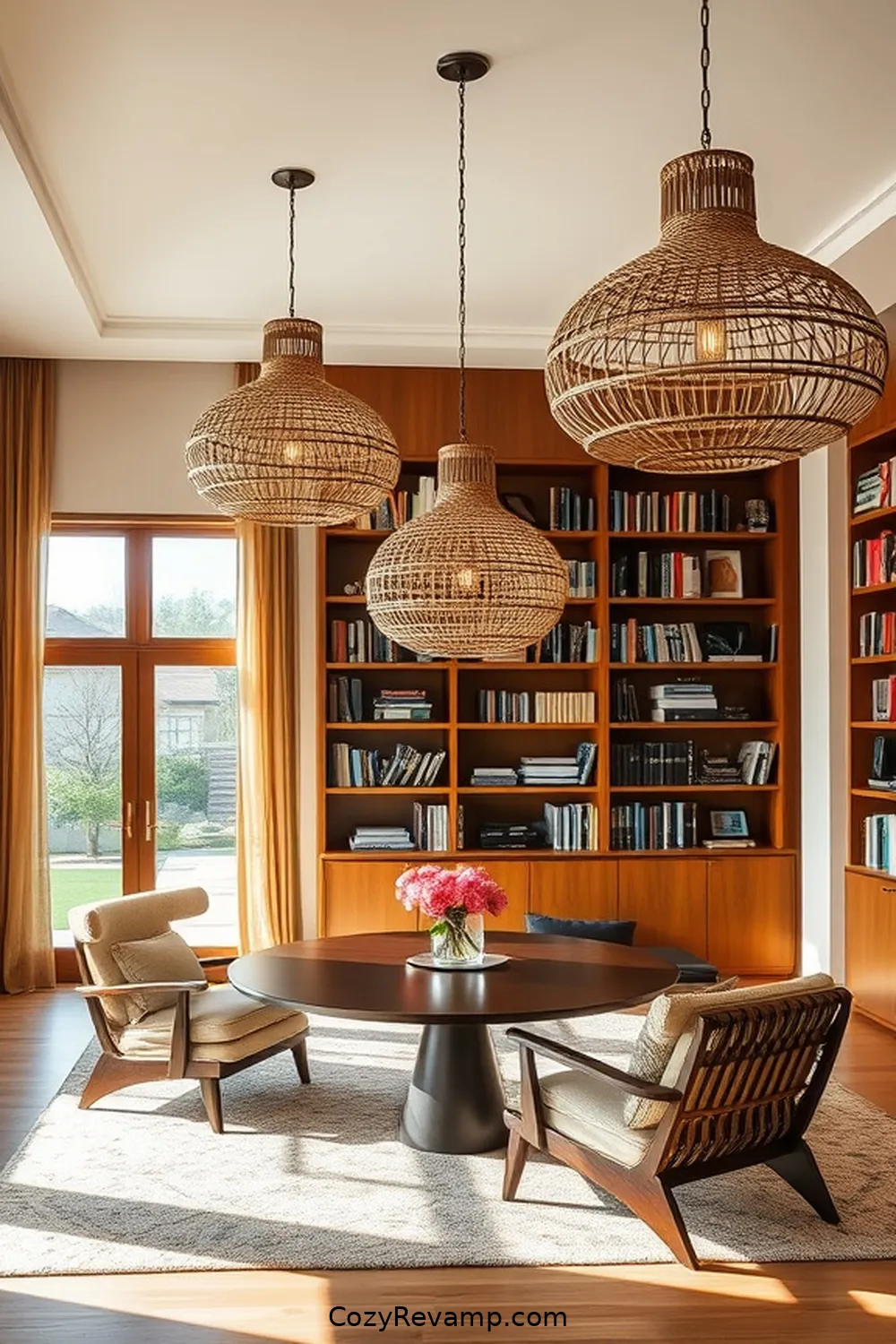 18 Essential Elements of a Mid-Century Modern Library Featuring Natural Fibers 6 Statement Lighting for 18 Essential Elements of a Mid-Century Modern Library Featuring Natural Fibers