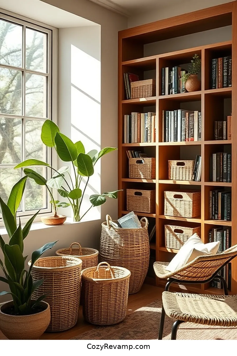 18 Essential Elements of a Mid-Century Modern Library Featuring Natural Fibers 15 Woven Baskets for 18 Essential Elements of a Mid-Century Modern Library Featuring Natural Fibers