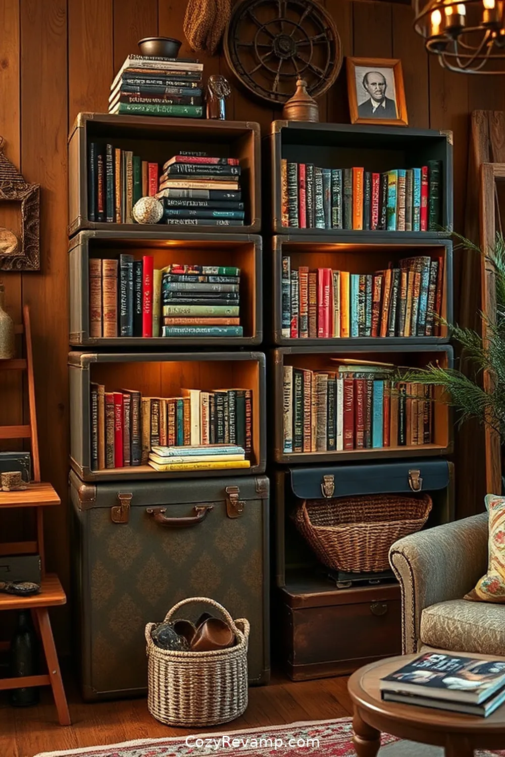 Vintage Suitcase Bookshelves for 18 Inspiring Ideas for a Rustic Library With Upcycled Fabric Material