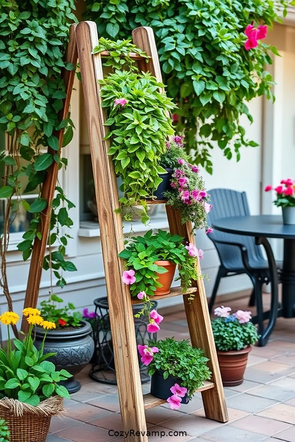 18 Inspiring Minimalist Outdoor Patio Ideas With Reclaimed Materials 8 Old Ladder Plant Stand for 18 Inspiring Minimalist Outdoor Patio Ideas With Reclaimed Materials