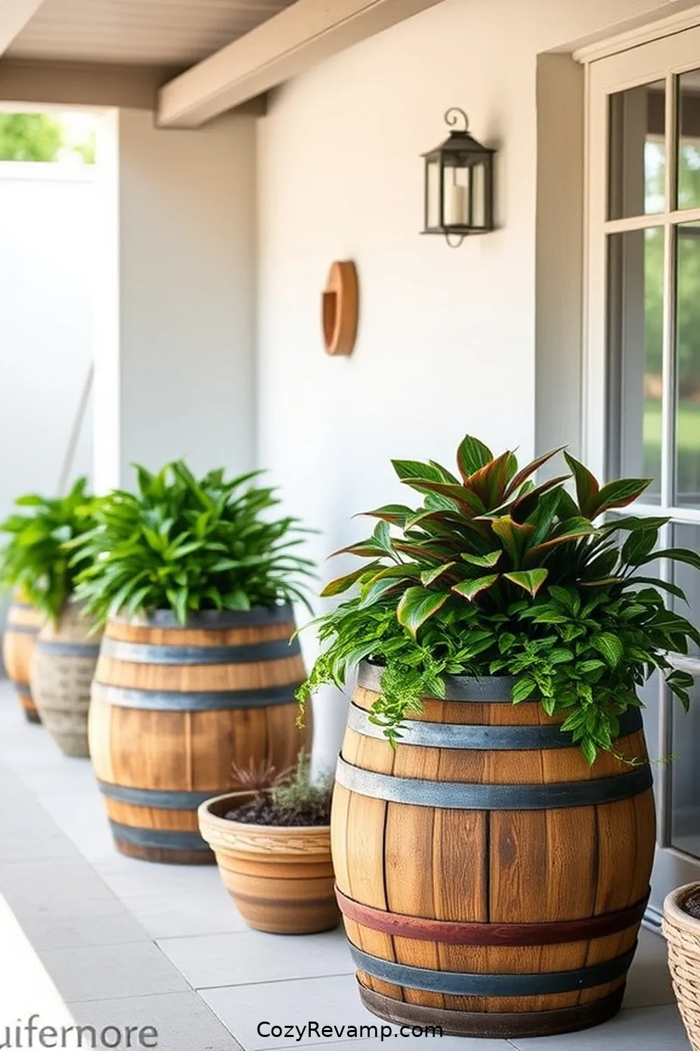 18 Inspiring Minimalist Outdoor Patio Ideas With Reclaimed Materials 3 Upcycled Barrel Planters for 18 Inspiring Minimalist Outdoor Patio Ideas With Reclaimed Materials