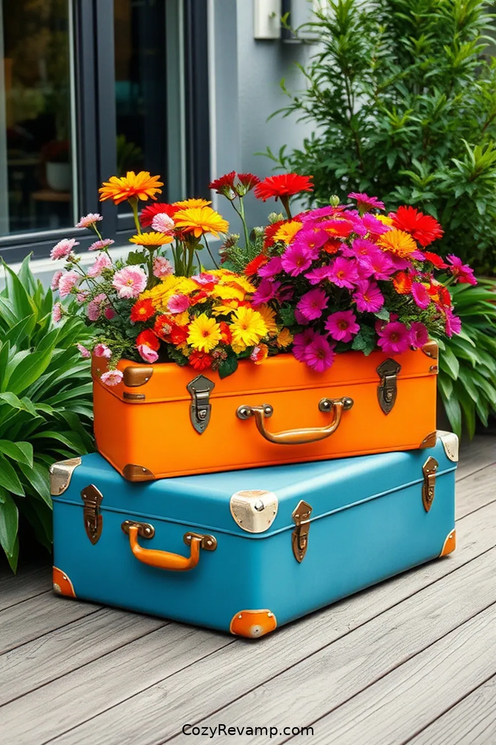 18 Inspiring Minimalist Outdoor Patio Ideas With Reclaimed Materials 19 Vintage Suitcase Planters for 18 Inspiring Minimalist Outdoor Patio Ideas With Reclaimed Materials