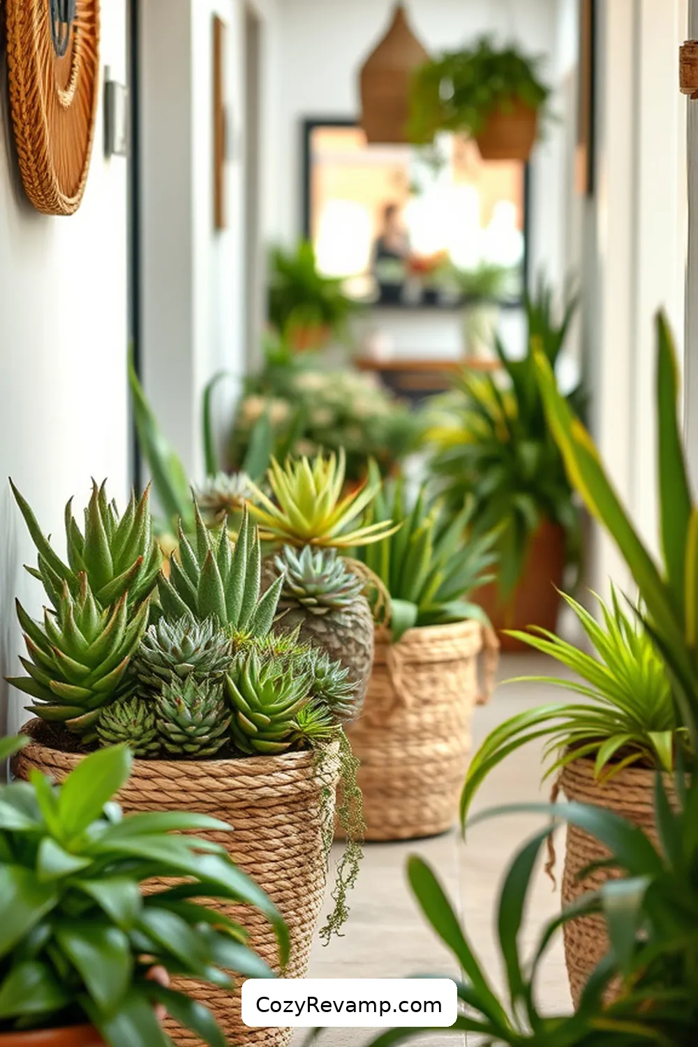 18 Stunning Bohemian Hallway Ideas Featuring Natural Fibers 10 9. Succulent Planters in Woven Baskets for 18 Stunning Bohemian Hallway Ideas Featuring Natural Fibers