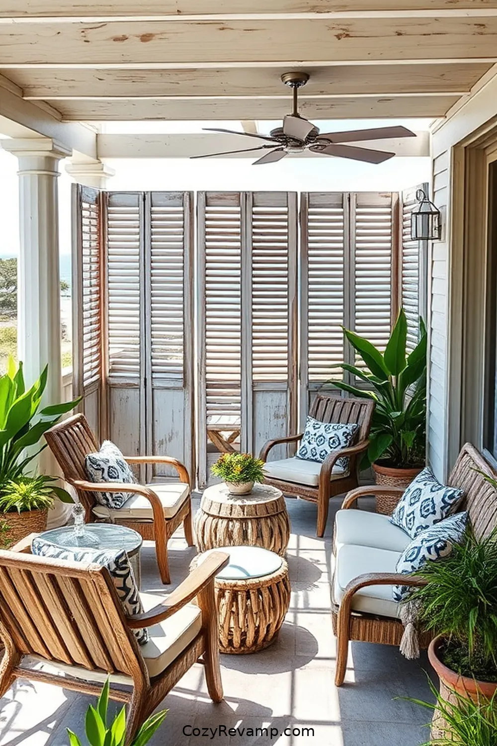 18 Stunning Ideas for a Coastal Outdoor Patio With Reclaimed Materials 8 Weathered Shutters: Creative Privacy Screens for 18 Stunning Ideas for a Coastal Outdoor Patio With Reclaimed Materials