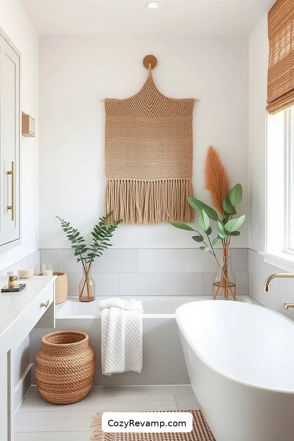 Hemp Wall Art for 18 Stunning Modern Farmhouse Bathroom Ideas With Natural Fibers