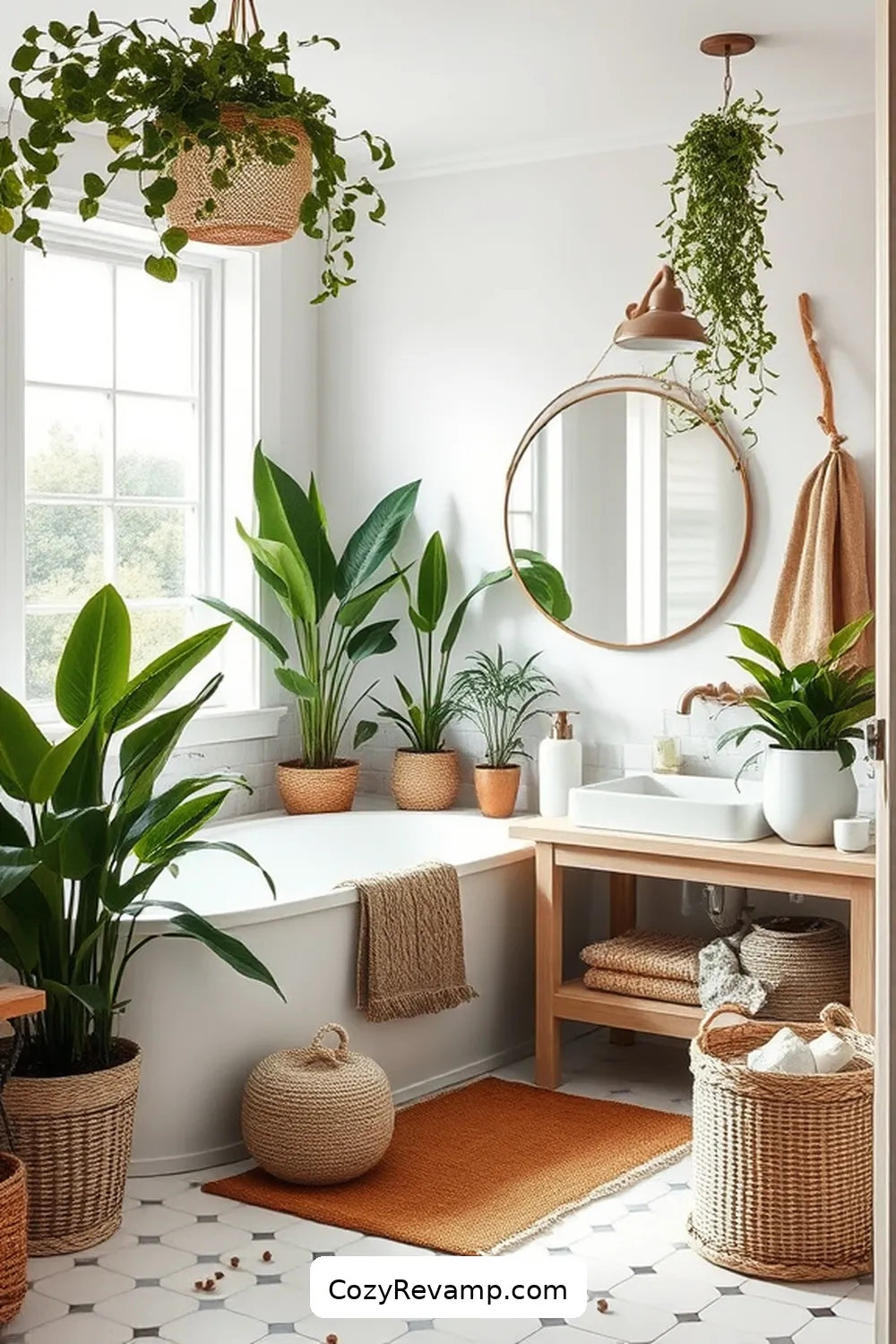 Indoor Plants for a Fresh Touch for 18 Stunning Modern Farmhouse Bathroom Ideas With Natural Fibers