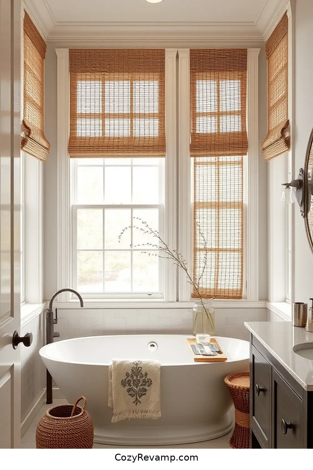Natural Fiber Window Treatments for 18 Stunning Modern Farmhouse Bathroom Ideas With Natural Fibers