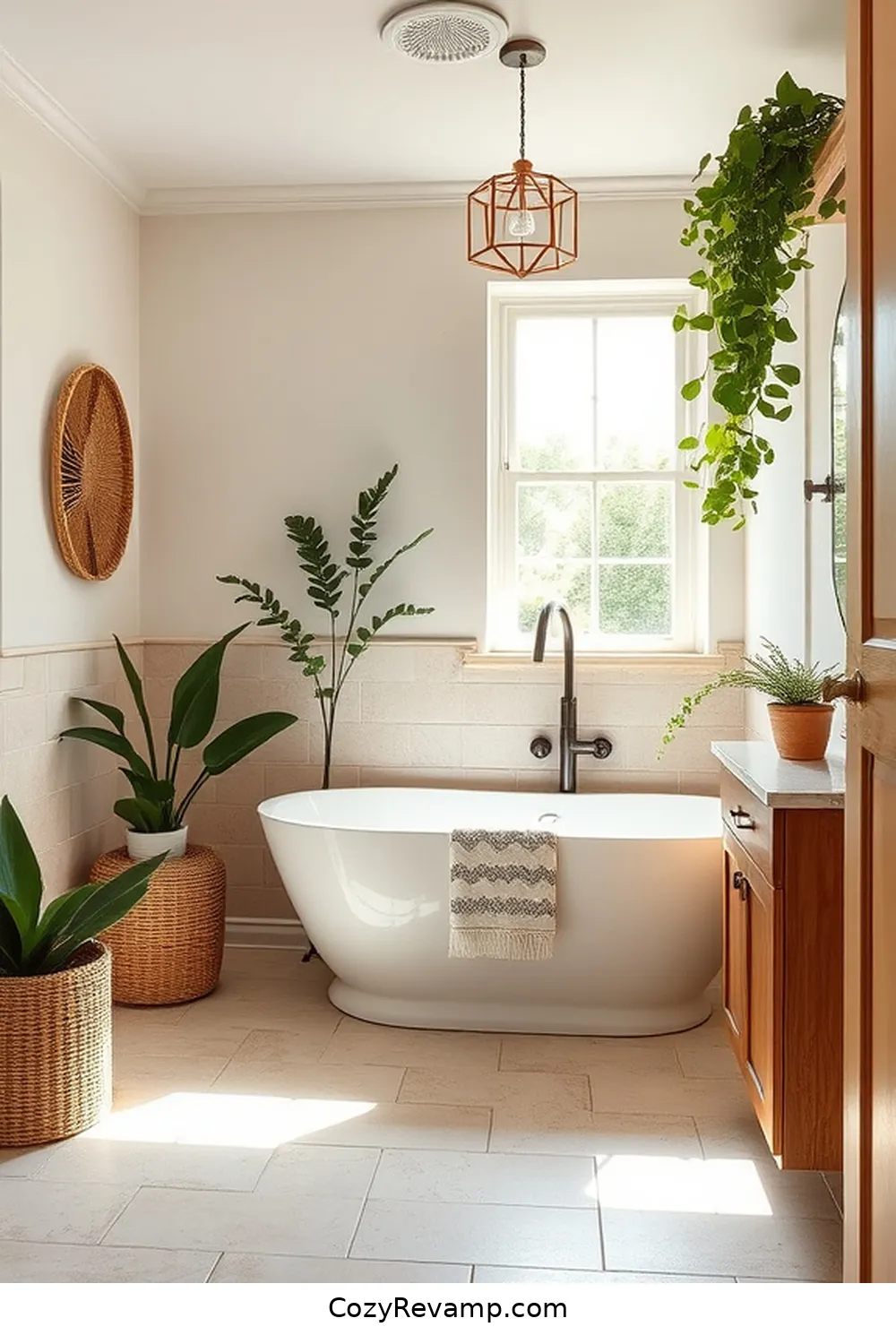 Rattan Accents for 18 Stunning Modern Farmhouse Bathroom Ideas With Natural Fibers