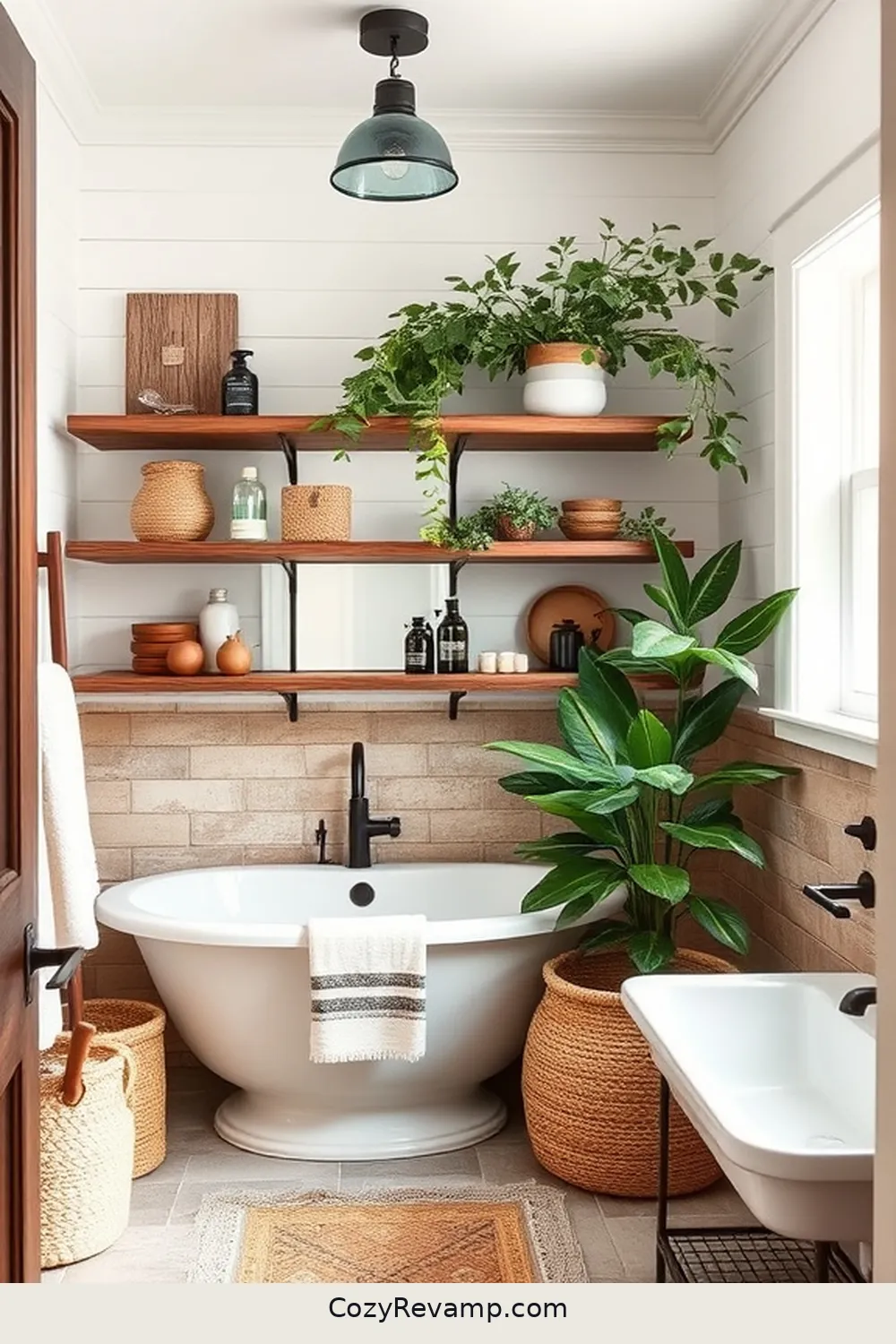 Reclaimed Wood Shelving for 18 Stunning Modern Farmhouse Bathroom Ideas With Natural Fibers