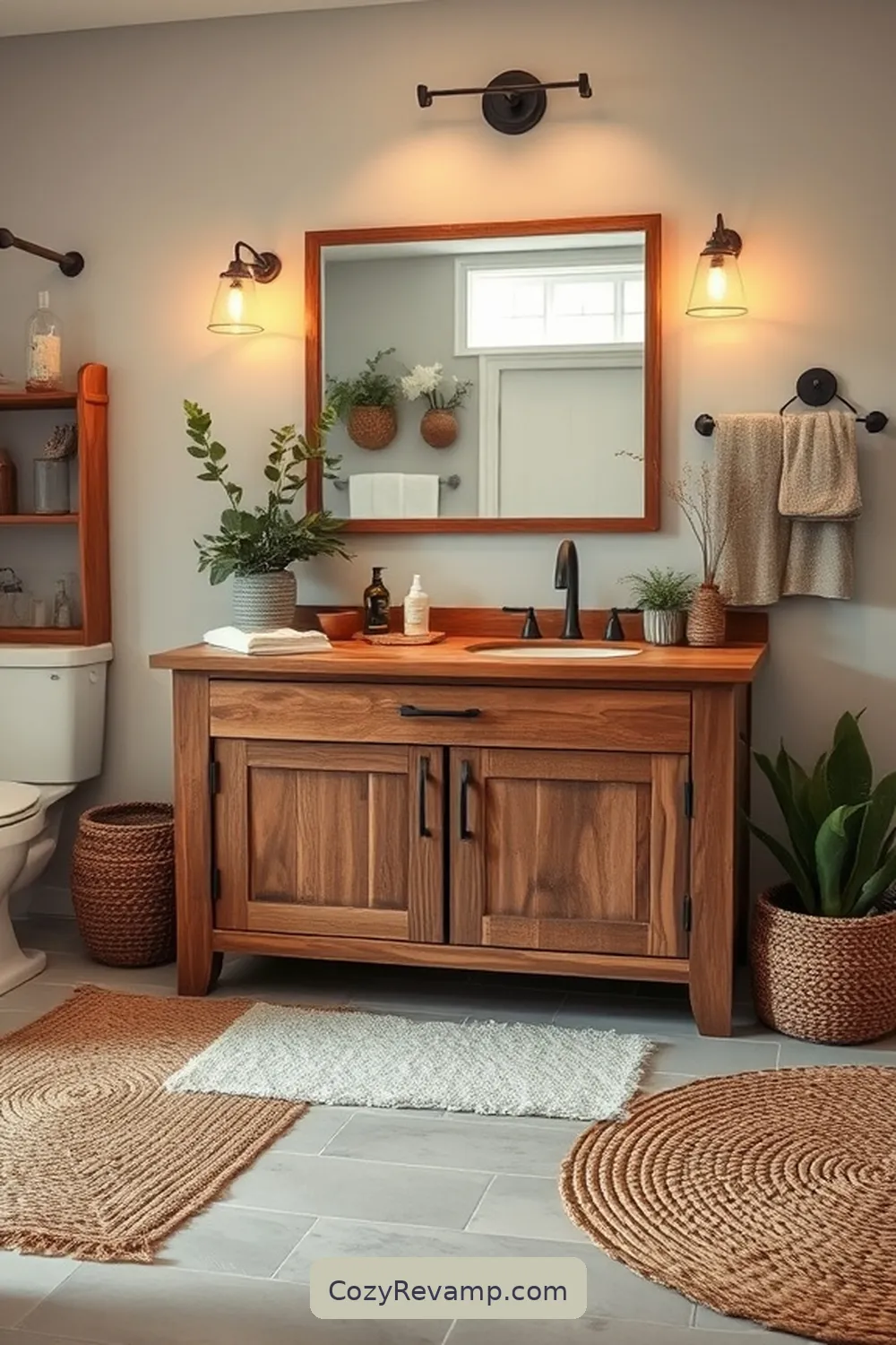 Rustic Wooden Vanities for 18 Stunning Modern Farmhouse Bathroom Ideas With Natural Fibers