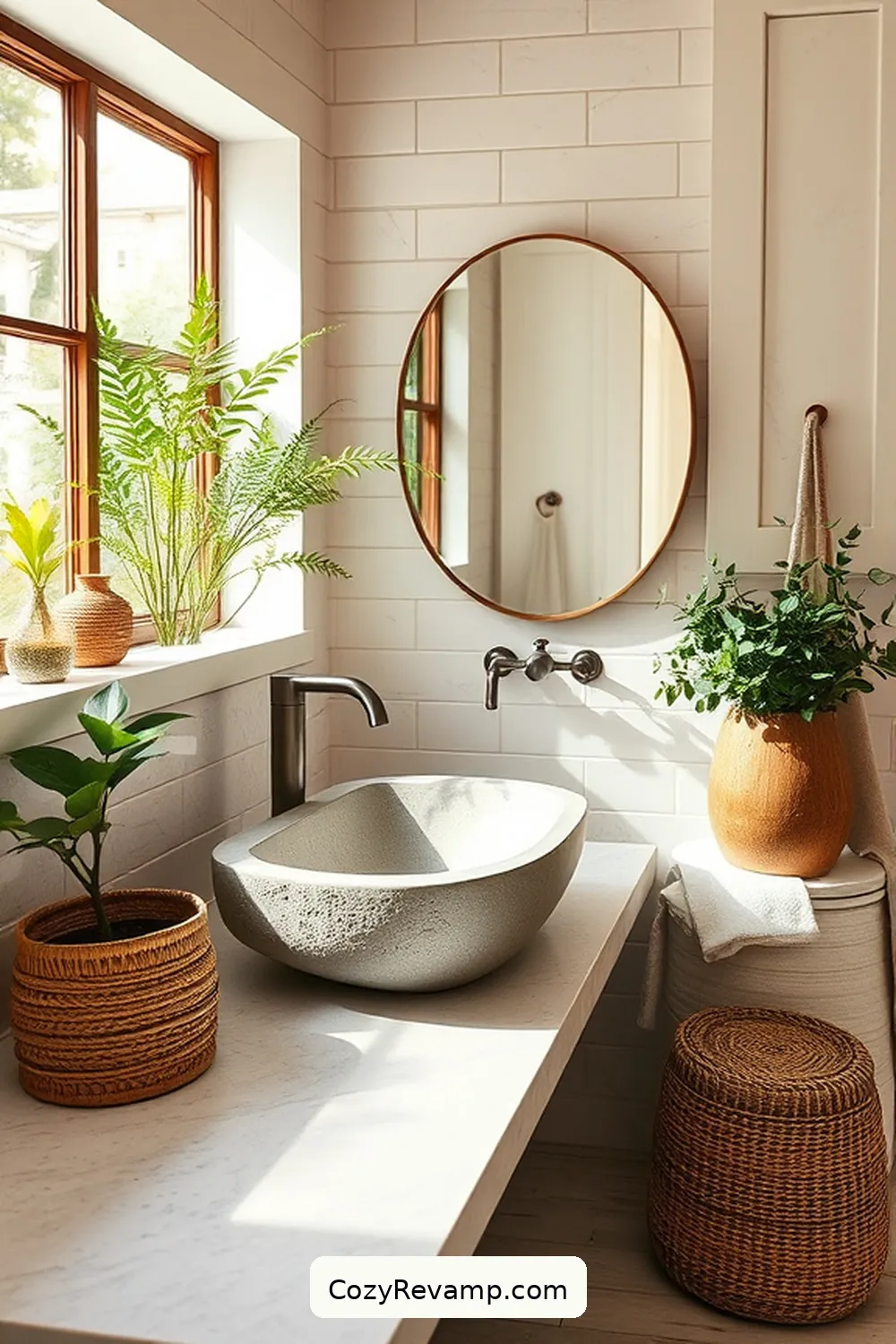 Stone and Wood Combination for 18 Stunning Modern Farmhouse Bathroom Ideas With Natural Fibers