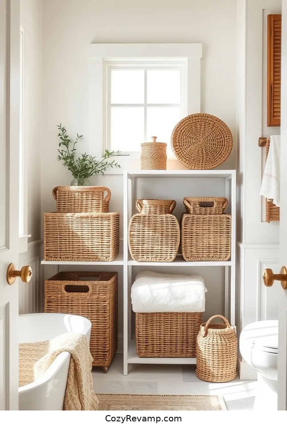 Woven Basket Storage Solutions for 18 Stunning Modern Farmhouse Bathroom Ideas With Natural Fibers
