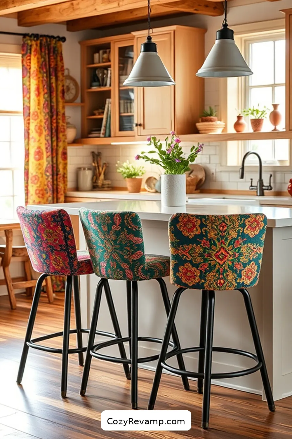 Fabric-Covered Bar Stools for 19 Creative Ways to Style a Bohemian Kitchen With Upcycled Fabrics
