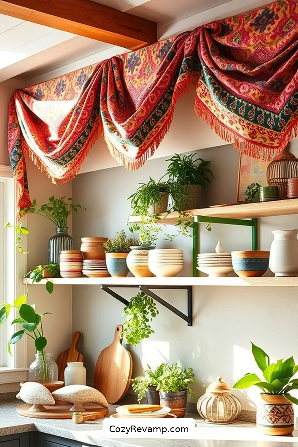 Fabric Swag for Open Shelving for 19 Creative Ways to Style a Bohemian Kitchen With Upcycled Fabrics