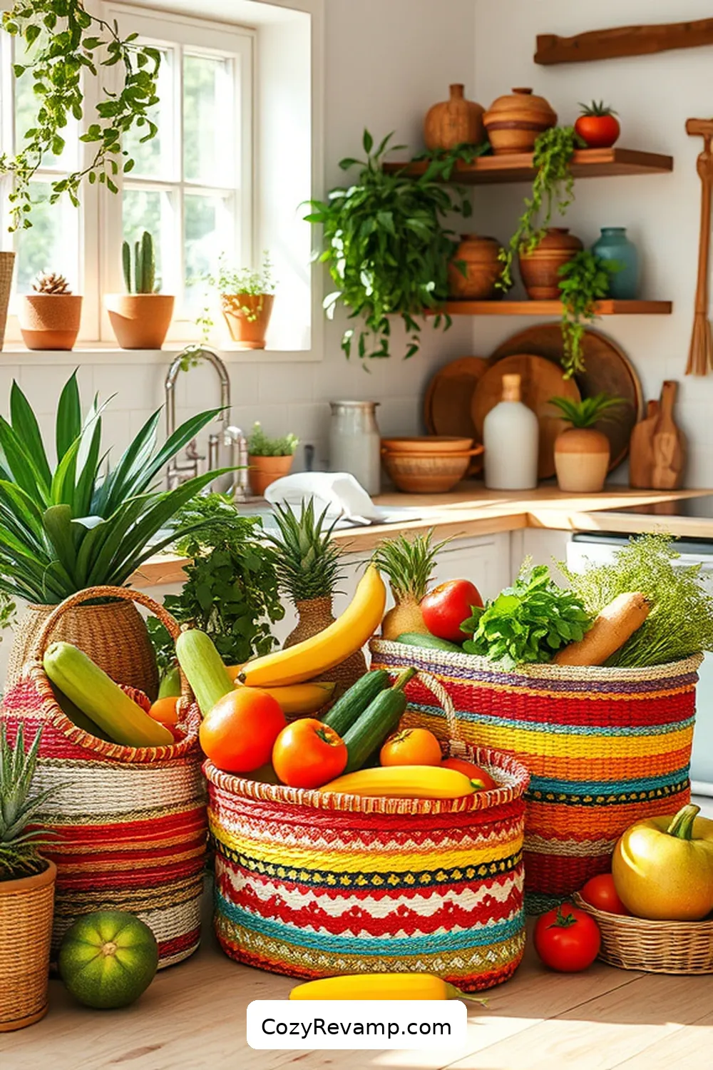 Woven Fabric Baskets for 19 Creative Ways to Style a Bohemian Kitchen With Upcycled Fabrics