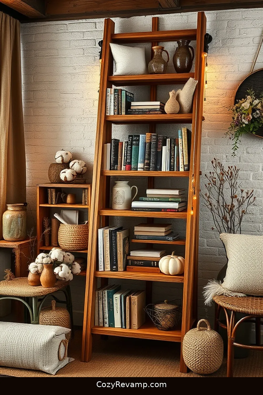 19 Essential Elements for a Rustic Library With Organic Cotton Material Decor 16 Rustic Wooden Ladder Bookshelf for 19 Essential Elements for a Rustic Library With Organic Cotton Material Decor