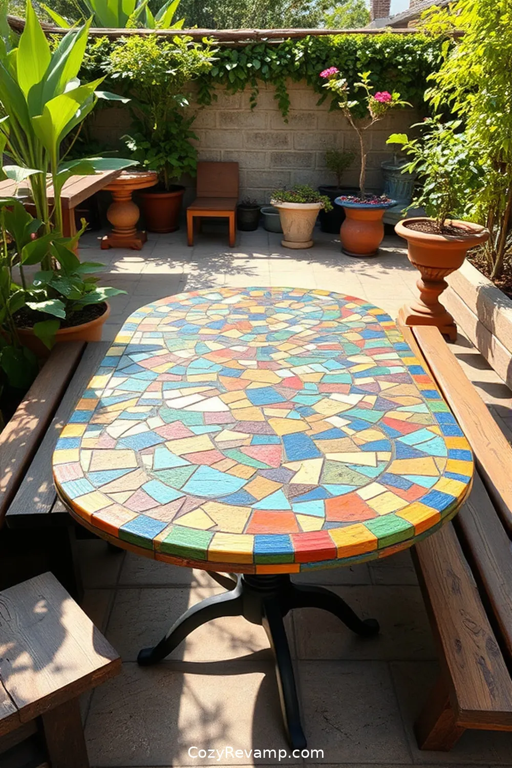 Handmade Mosaic Tables From Broken Tiles for 19 Inspiring Ideas for Rustic Outdoor Patios With Reclaimed Materials