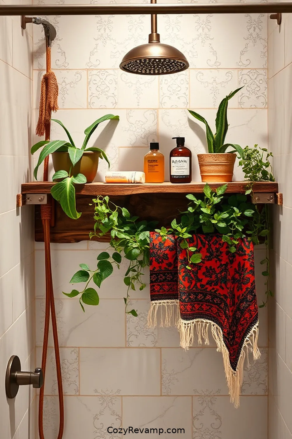 19 Ways to Create a Bohemian Bathroom With Recycled Wood Material 14 Reclaimed Wood Shower Shelf for 19 Ways to Create a Bohemian Bathroom With Recycled Wood Material