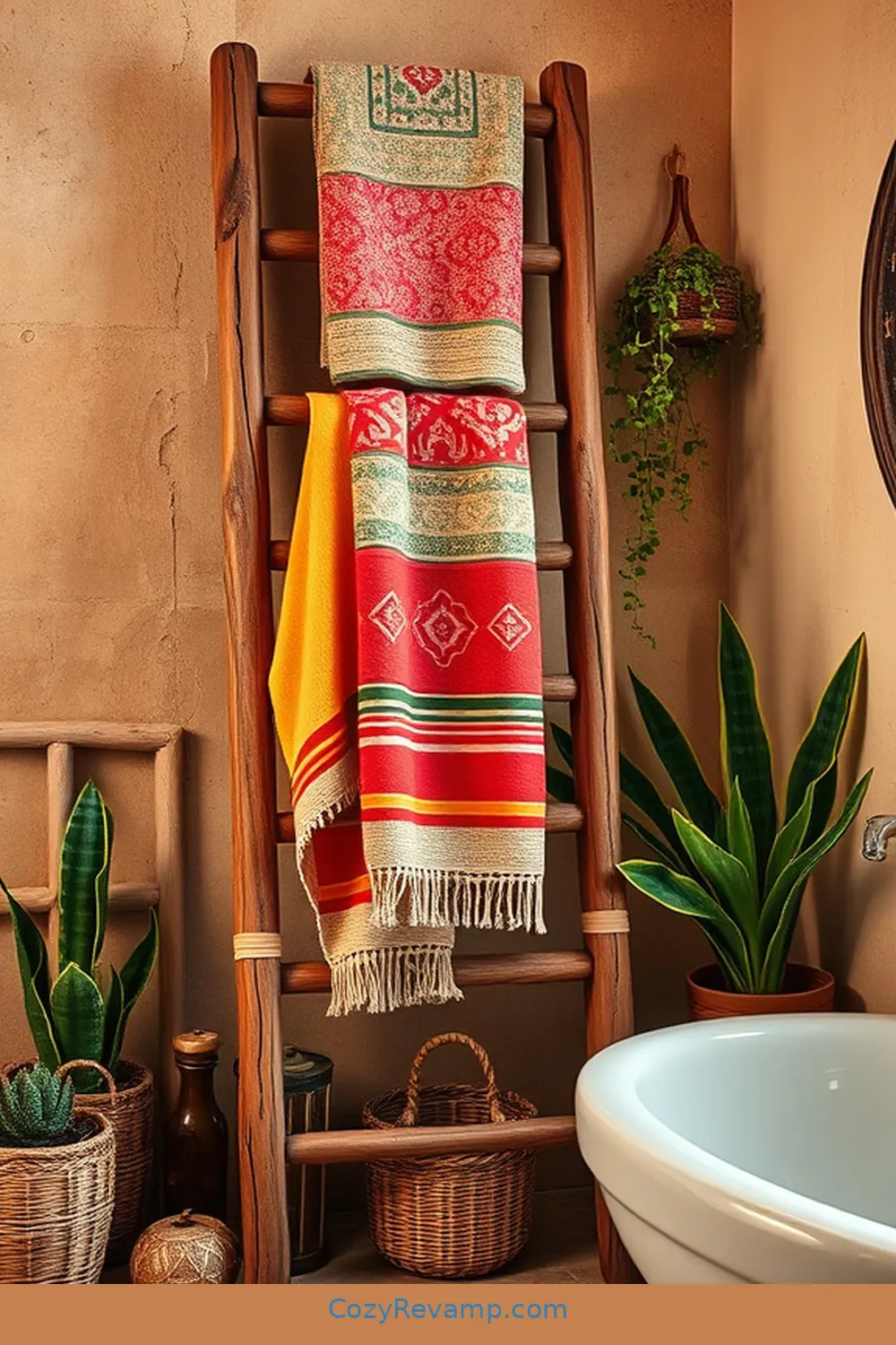19 Ways to Create a Bohemian Bathroom With Recycled Wood Material 15 Rustic Wood Ladder for Towels for 19 Ways to Create a Bohemian Bathroom With Recycled Wood Material
