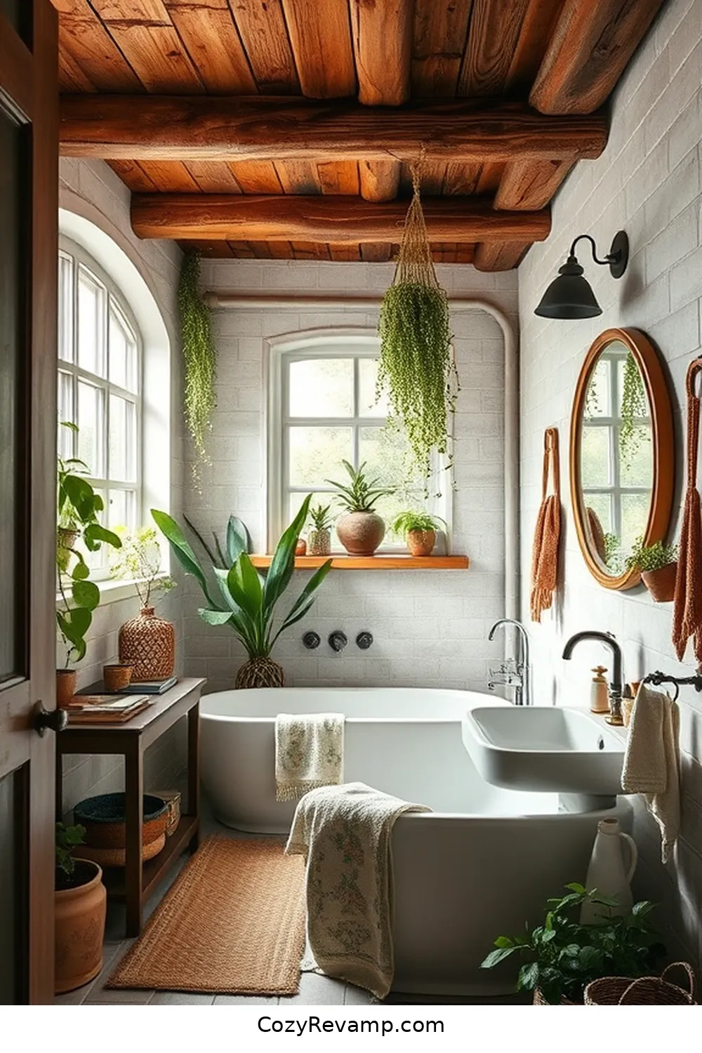 19 Ways to Create a Bohemian Bathroom With Recycled Wood Material 12 Wood Beam Ceiling Accents for 19 Ways to Create a Bohemian Bathroom With Recycled Wood Material