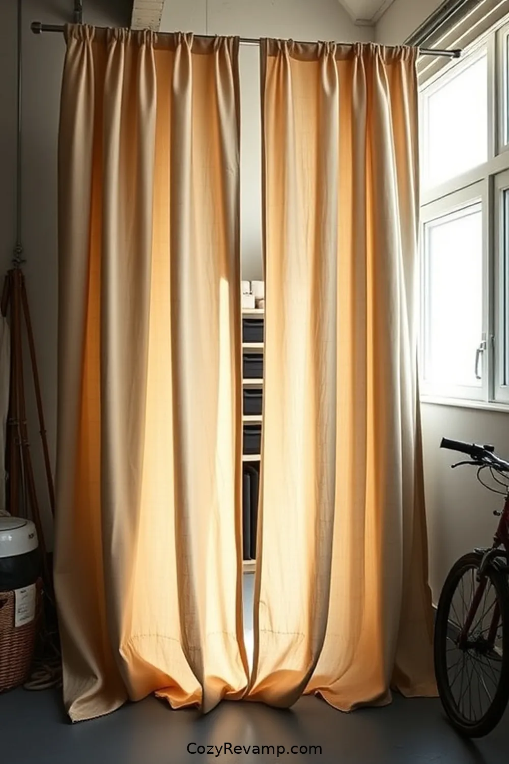 19 Ways to Create a Minimalist Garage With Upcycled Fabric Material 9 Upcycled Fabric Curtains for Concealed Storage for 19 Ways to Create a Minimalist Garage With Upcycled Fabric Material