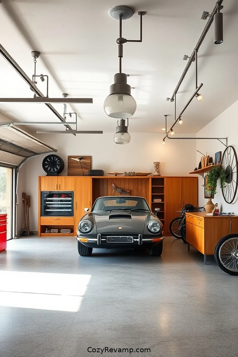 Modern Lighting Fixtures for 20 Essential Elements of a Mid-Century Modern Garage With Reclaimed Materials