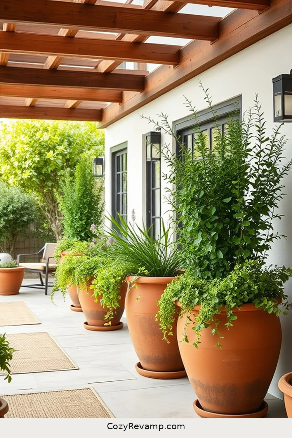 20 Essential Elements of a Modern Farmhouse Outdoor Patio With Natural Fibers 11 Terracotta Planters for 20 Essential Elements of a Modern Farmhouse Outdoor Patio With Natural Fibers