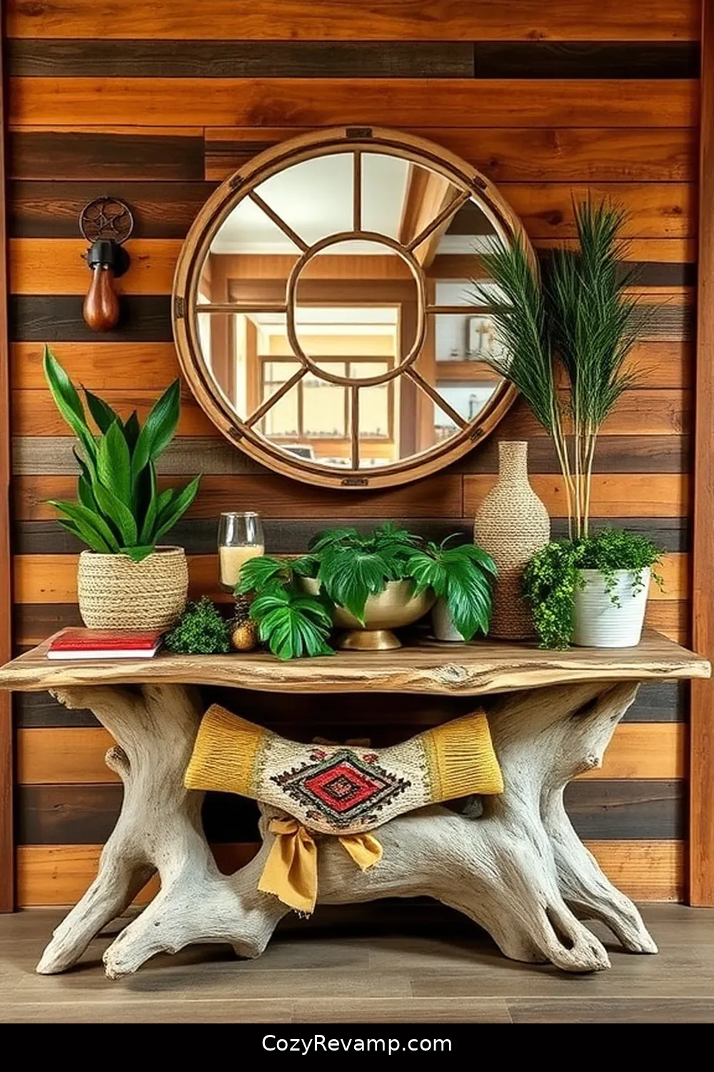 20 Inspiring Ideas for a Bohemian Entryway With Recycled Wood Material 8 Driftwood Entryway Table for 20 Inspiring Ideas for a Bohemian Entryway With Recycled Wood Material
