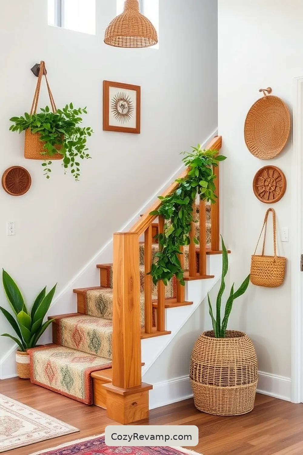 20 Inspiring Ideas for a Bohemian Entryway With Recycled Wood Material 15 Natural Wood Stair Railing Decor for 20 Inspiring Ideas for a Bohemian Entryway With Recycled Wood Material