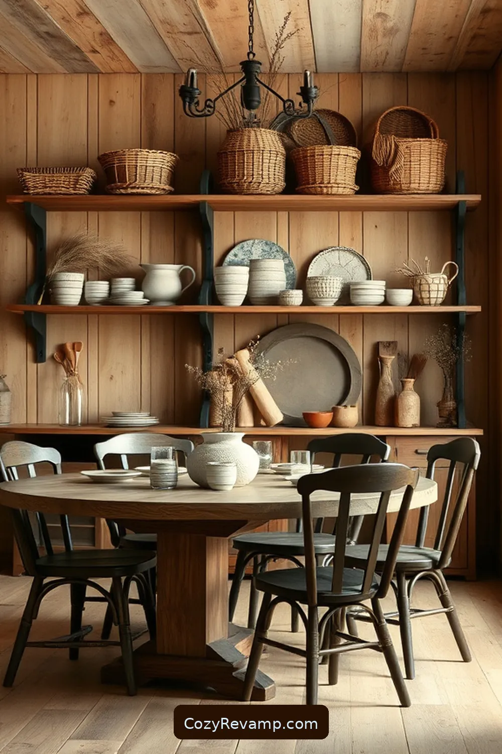 Open Shelving for 20 Key Elements of Rustic Dining Room Design With Natural Fibers