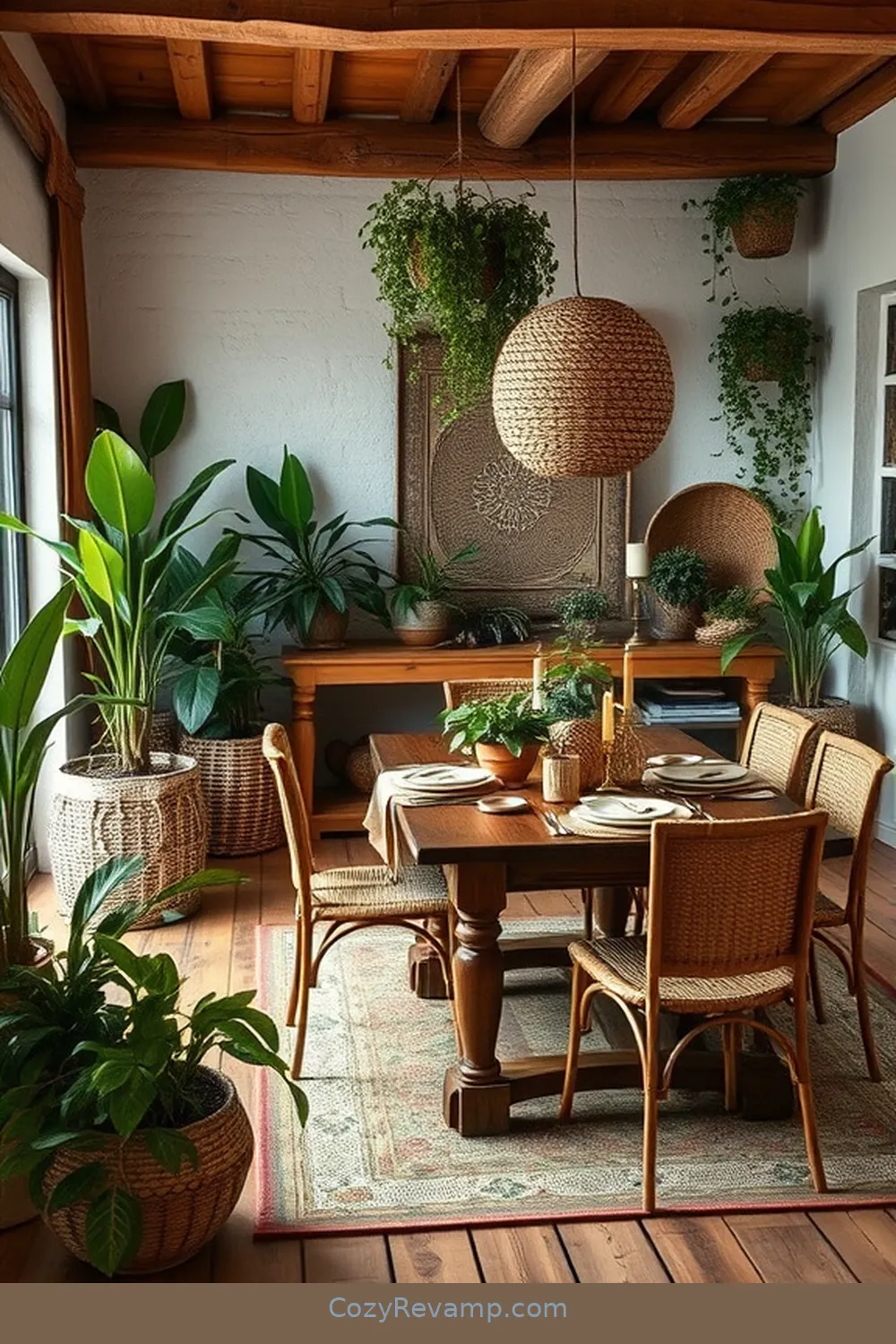 Potted Plants for 20 Key Elements of Rustic Dining Room Design With Natural Fibers