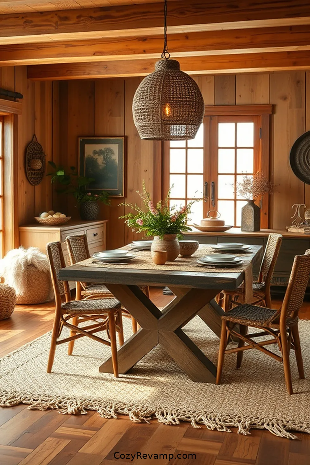 Warm Atmosphere for 20 Key Elements of Rustic Dining Room Design With Natural Fibers
