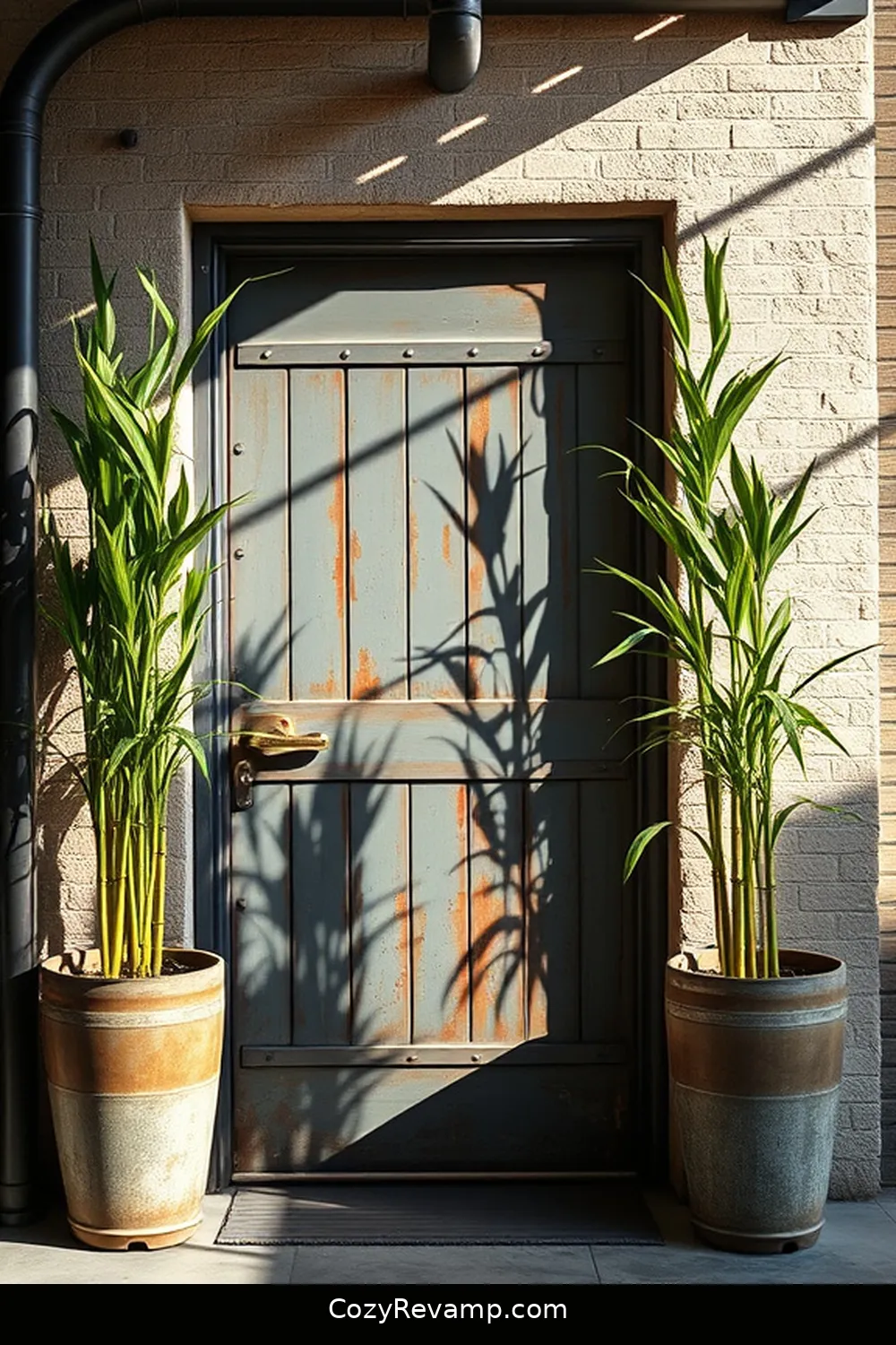 20 Stunning Industrial Entryways With Bamboo Material 7 Rustic Bamboo Planters Flanking an Industrial Door for 20 Stunning Industrial Entryways With Bamboo Material