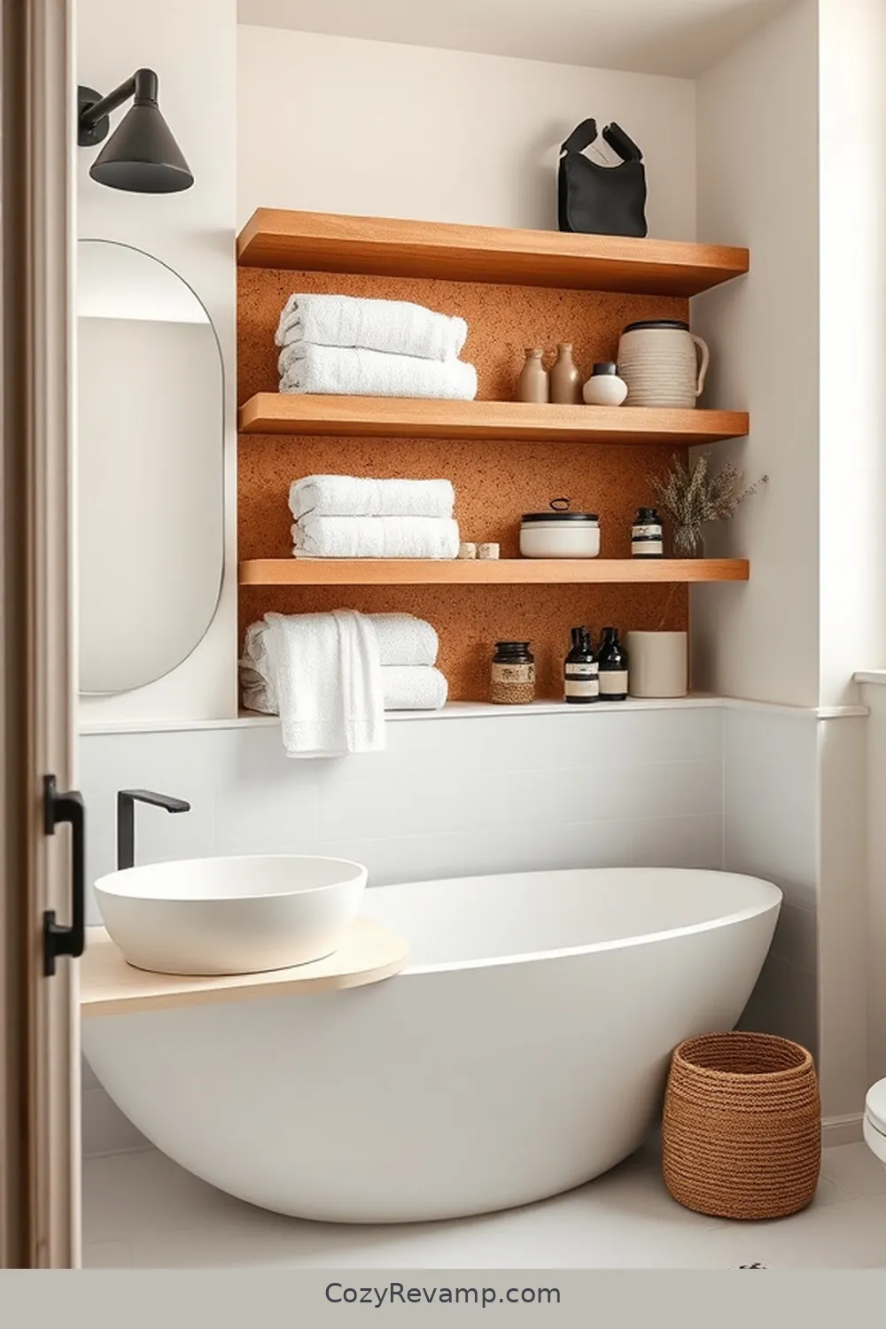 20 Stunning Modern Farmhouse Bathroom Designs Featuring Cork Material 6 Cork-Lined Shelving for Storage for 20 Stunning Modern Farmhouse Bathroom Designs Featuring Cork Material