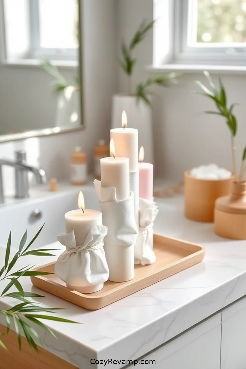 Fabric Wrapped Candles for 20 Ways to Create a Minimalist Bathroom With Upcycled Fabric Material