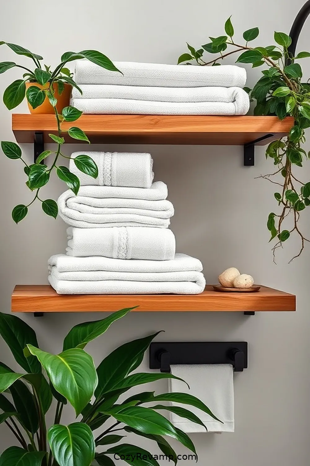 Fabric and Wood Shelving for 20 Ways to Create a Minimalist Bathroom With Upcycled Fabric Material