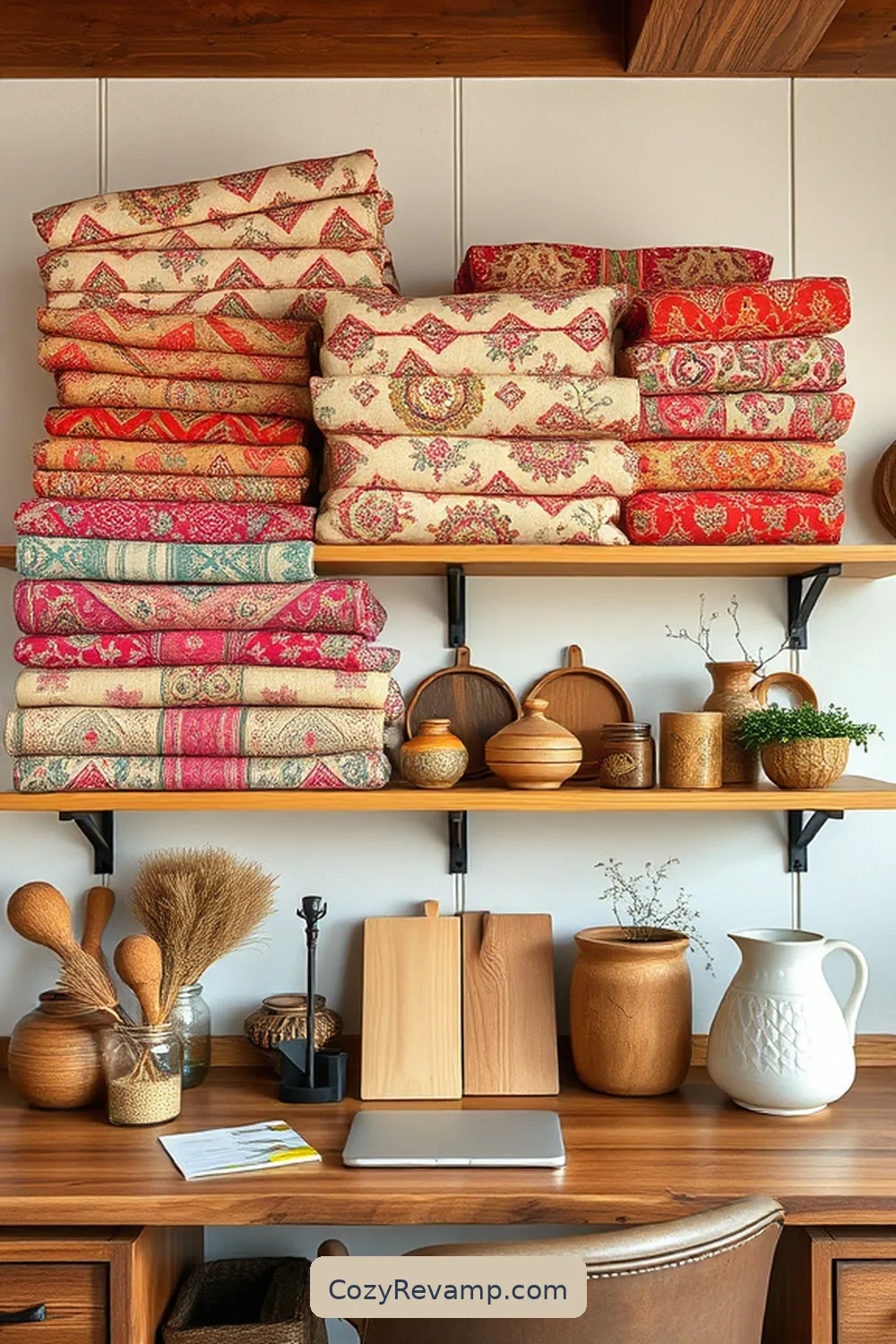 20 Ways to Create a Rustic Home Office With Upcycled Fabric Material 18 Fabric-Covered Shelves for 20 Ways to Create a Rustic Home Office With Upcycled Fabric Material