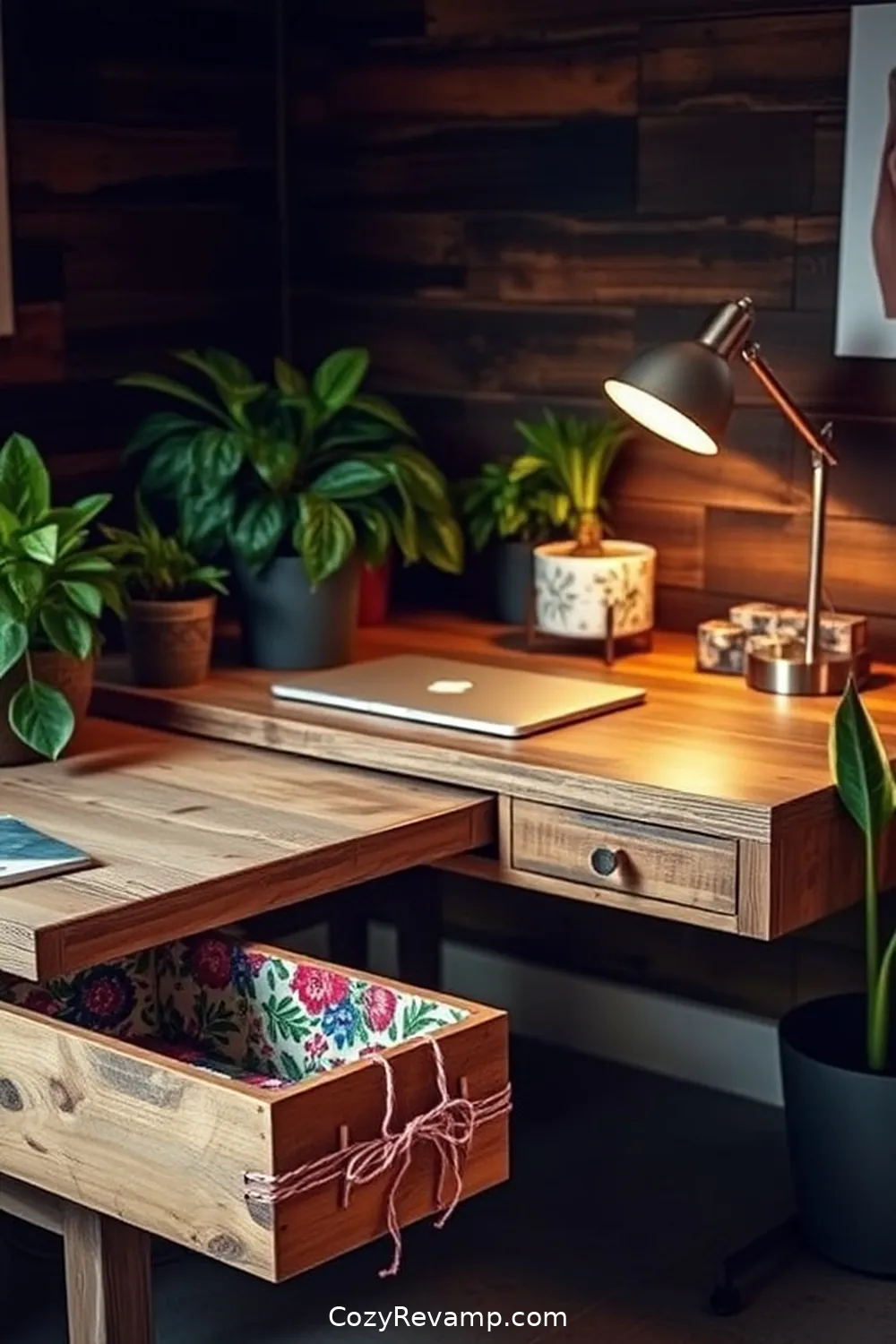 20 Ways to Create a Rustic Home Office With Upcycled Fabric Material 3 Reclaimed Wood Desk With Fabric Drawer Liners for 20 Ways to Create a Rustic Home Office With Upcycled Fabric Material