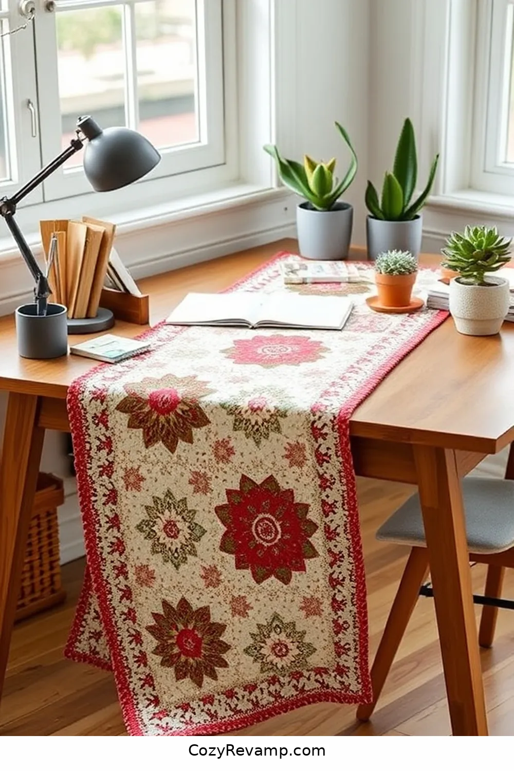 20 Ways to Create a Rustic Home Office With Upcycled Fabric Material 15 Vintage Quilt Desk Runner for 20 Ways to Create a Rustic Home Office With Upcycled Fabric Material