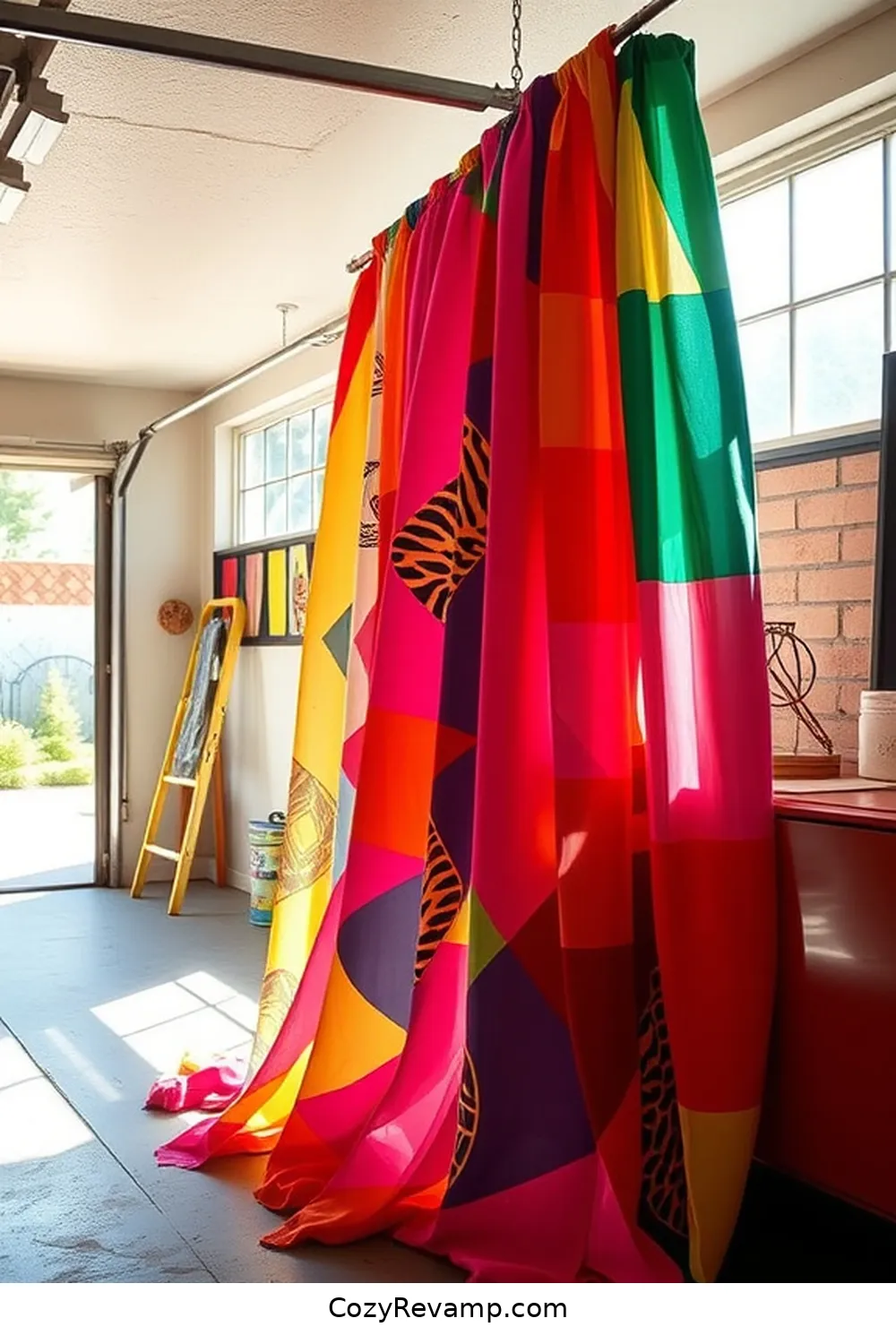 Design a Colorful Fabric Drapery for 20 Ways to Design a Mid-Century Modern Garage With Upcycled Fabric Material