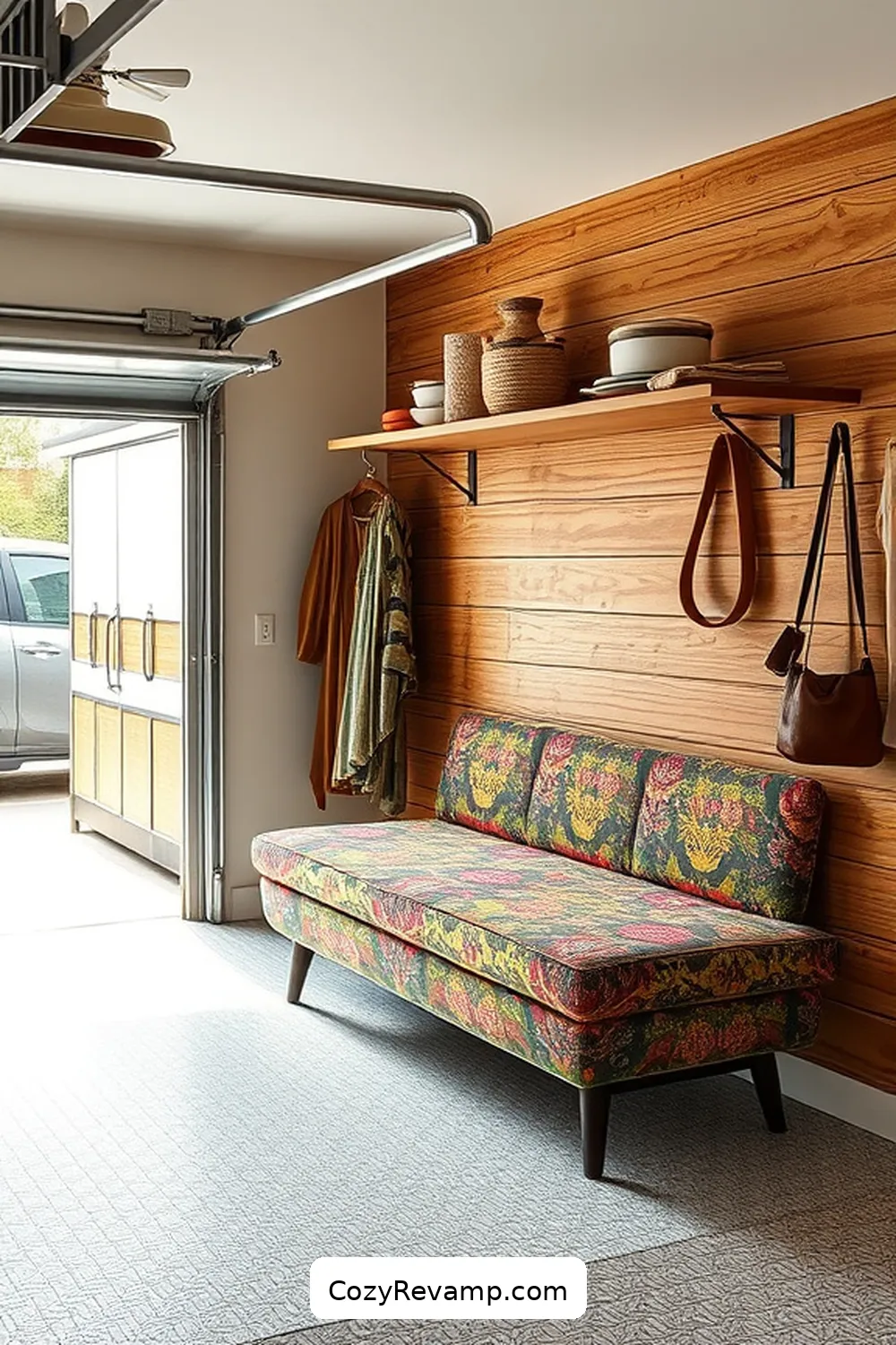 Make a Fabric-Covered Storage Bench for 20 Ways to Design a Mid-Century Modern Garage With Upcycled Fabric Material