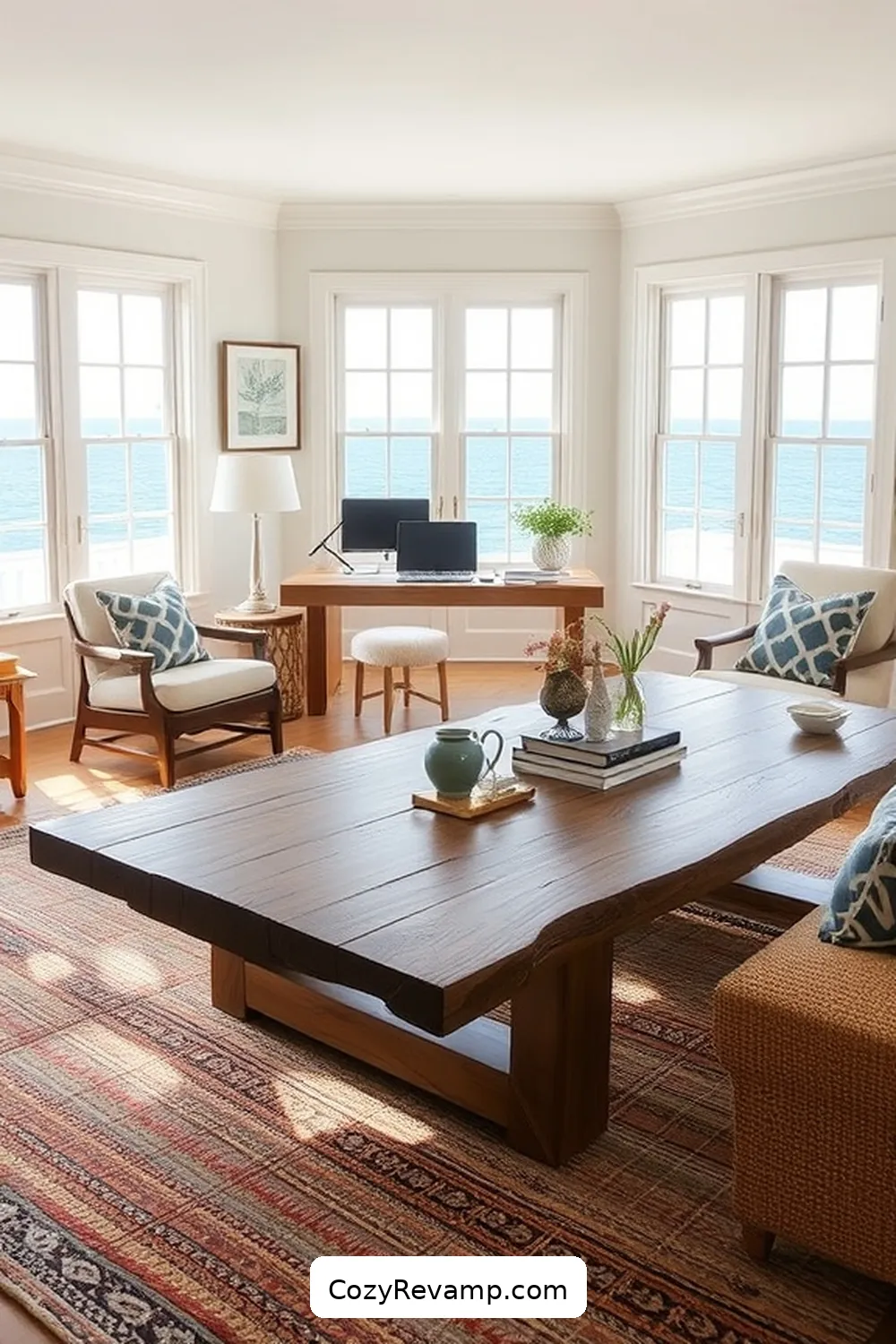 Add a Reclaimed Wood Coffee Table for 21 Design Tips for Coastal Home Offices With Recycled Wood Materials